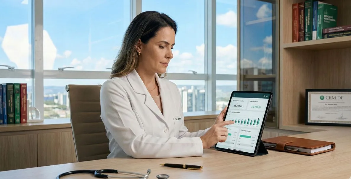 Médico analisando planejamento tributário estratégico entre Simples Nacional e Lucro Presumido para sua clínica com suporte da Alva Medical.